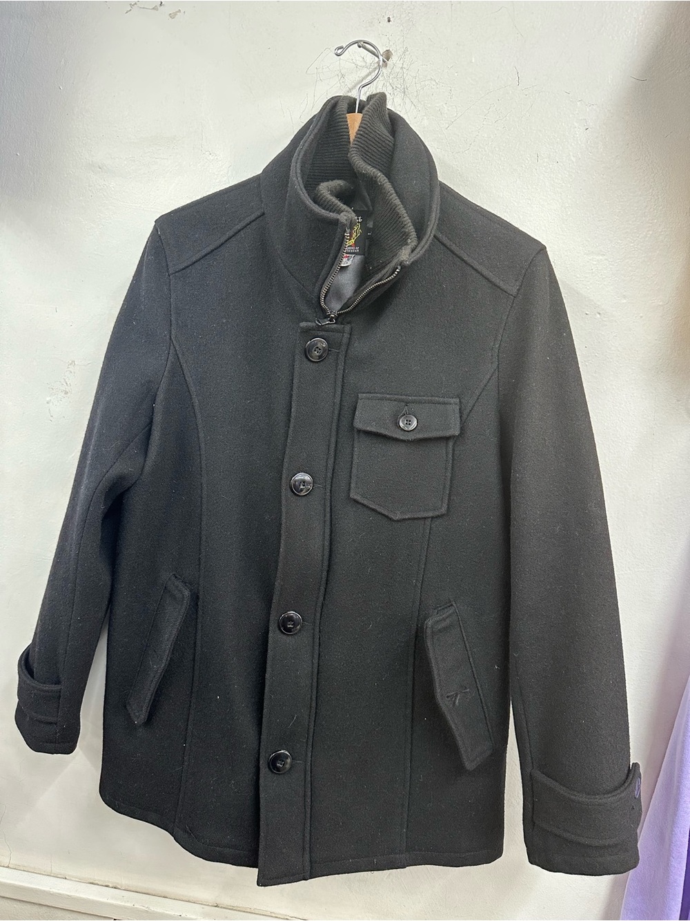 Schott Black Wool Blend Button Front Coat made in Canada size large men’s